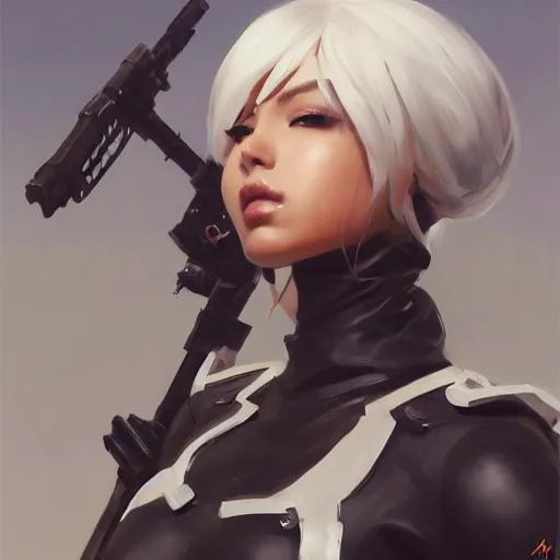 Image similar to greg manchess portrait painting of yorha no. 2 type b as overwatch character, medium shot, asymmetrical, profile picture, organic painting, sunny day, matte painting, bold shapes, hard edges, street art, trending on artstation, by huang guangjian and gil elvgren and sachin teng