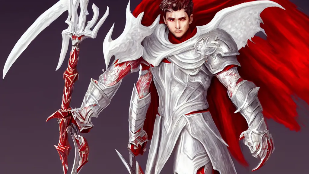 Image similar to male angel, flame sword, white metallic armor, red cape, detailed arms, intricate white armor, two arms, two legs, detailed fanart, rpg art, d&d art, macro art, digital art, DeviantArt, artstation, 8k HD