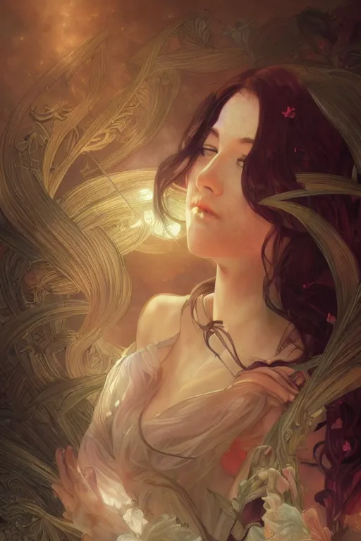 Image similar to close up portrait of goddes of rose, digital illustration, dramatic lighting, by artgerm and greg rutkowski and alphonse mucha