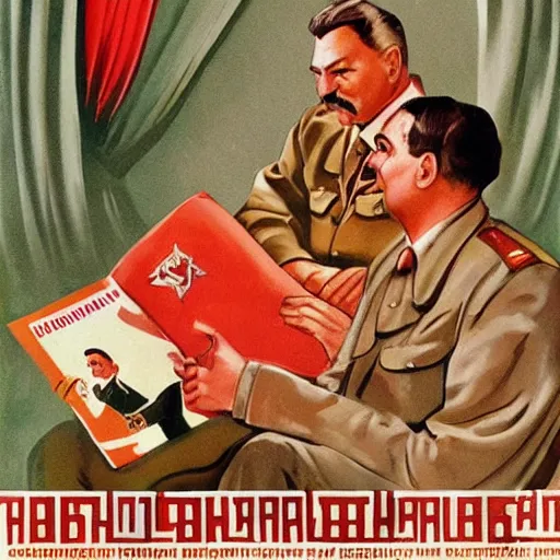 Prompt: hungarian prime minister viktor orban sits on stalin's lap, soviet propaganda poster art, highly detailed, colored