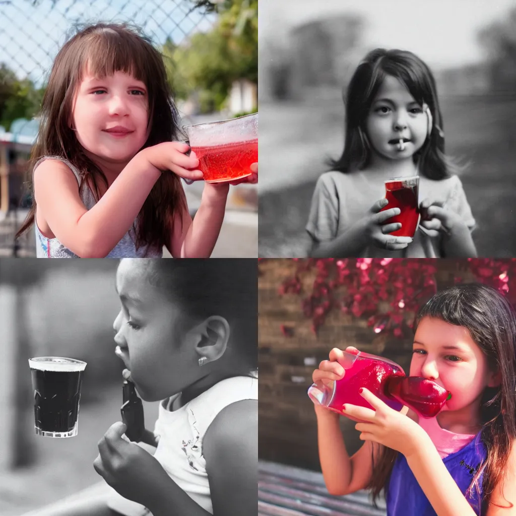 Prompt: photograph of a girl drinking cherry crush