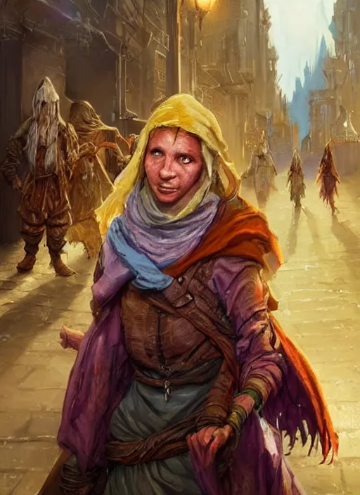 Image similar to female poor beggar on the streets unclean, ultra detailed fantasy, dndbeyond, bright, colourful, realistic, dnd character portrait, full body, pathfinder, pinterest, art by ralph horsley, dnd, rpg, lotr game design fanart by concept art, behance hd, artstation, deviantart, hdr render in unreal engine 5