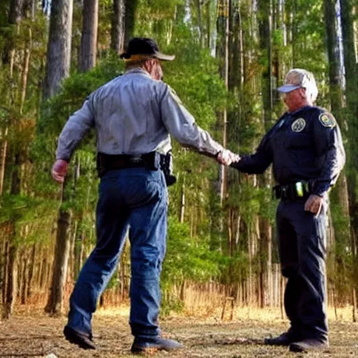 Prompt: a skin walker and federal agents shaking hands