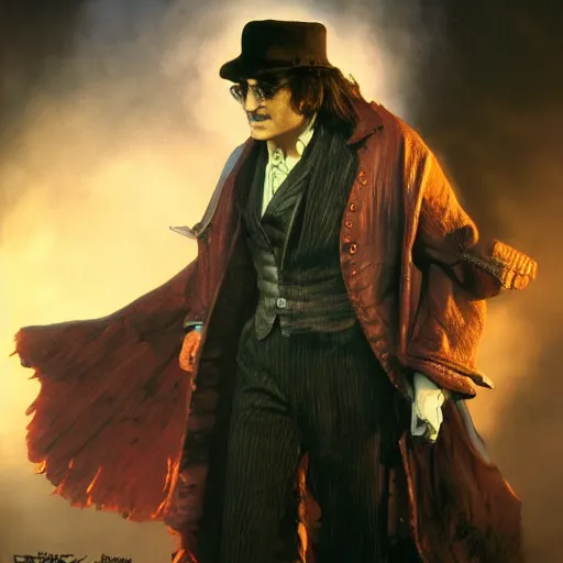 Image similar to john lennon as jack the ripper, ultra realistic, concept art, intricate details, highly detailed, photorealistic, octane render, 8 k, unreal engine, art by frank frazetta, simon bisley, brom