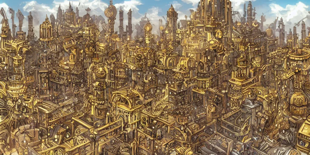 Prompt: a golden steampunk city in the style of arcane