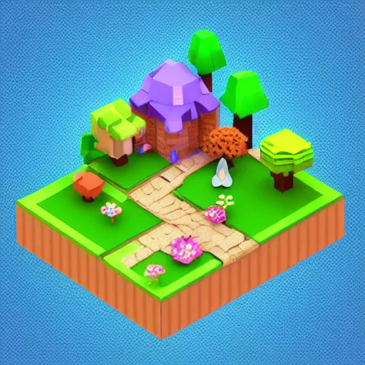 Prompt: 3D isometric cubic cute fairy garden, isometric voxel, 3D