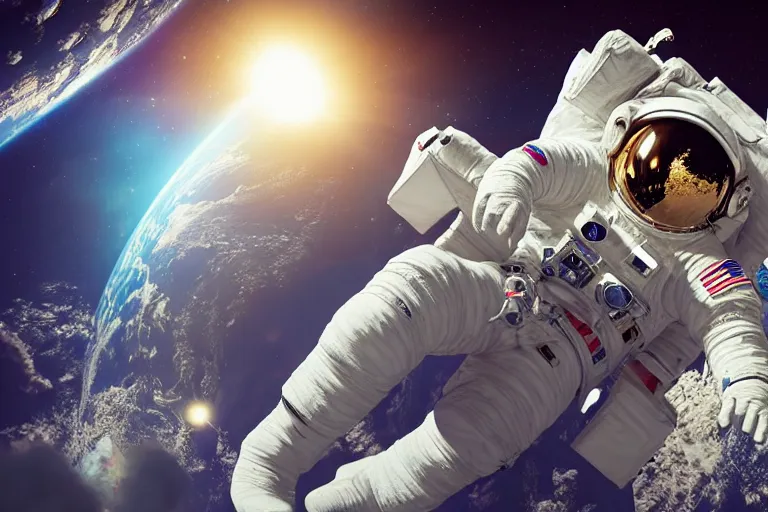 Image similar to astronaut in space wearing a spacesuit floating, earth in background, highly detailed, photorealistic portrait, bright studio setting, studio lighting, crisp quality and light reflections, unreal engine 5 quality render