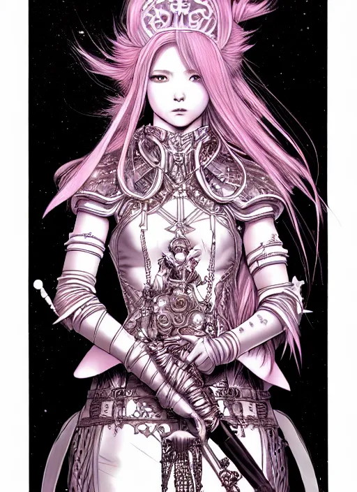 Image similar to highly detailed terada katsuya artgerm artstation final fantasy minaba hideo manga poster of princess mechine, long hair, armor, dress, laces, ruffles, 8 k, fluorescent, maximalist, jump comics, tomer hanuka