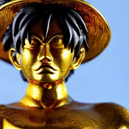 Image similar to a close up photo of a detailed golden statue of Monkey D. Luffy, 8K,