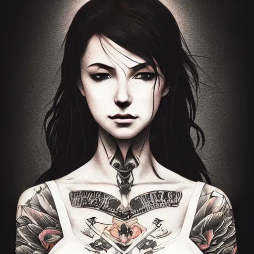 Image similar to captivating bar maid, tattoos, black t - shirt, black skirt, detailed portrait, intricate complexity, by greg rutkowski, artgerm, ross tran, conrad roset, takato yomamoto, ilya kuvshinov. 4 k, beautiful, cinematic dramatic atmosphere