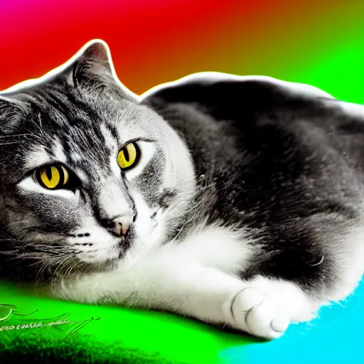 Prompt: fat cat lying on the sunlight, photo, colour splash