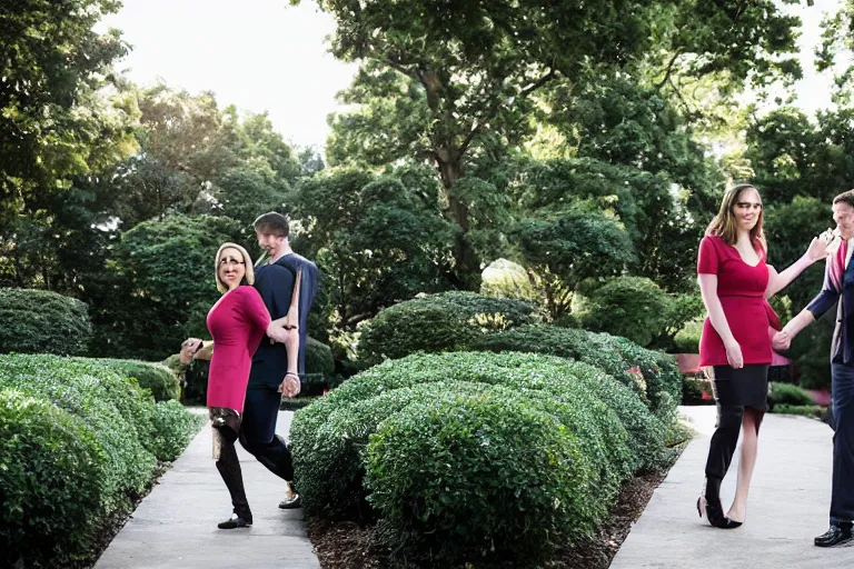 Prompt: beautiful 3 5 year old female president alone in the white house rose garden with her two boyfriends, holding hands, professional photo, dslr, bokeh, romantic