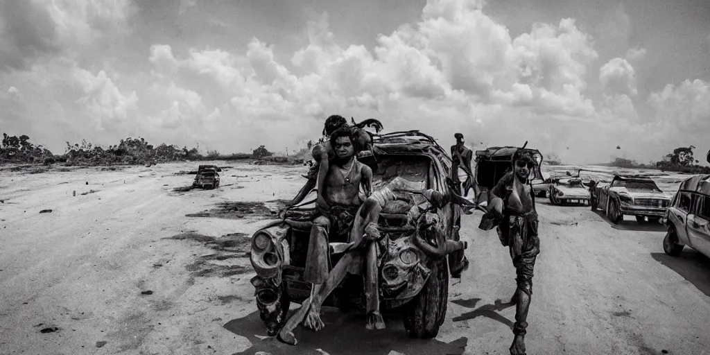 Image similar to sri lankan mad max style, film still, epic shot cinematography, rule of thirds