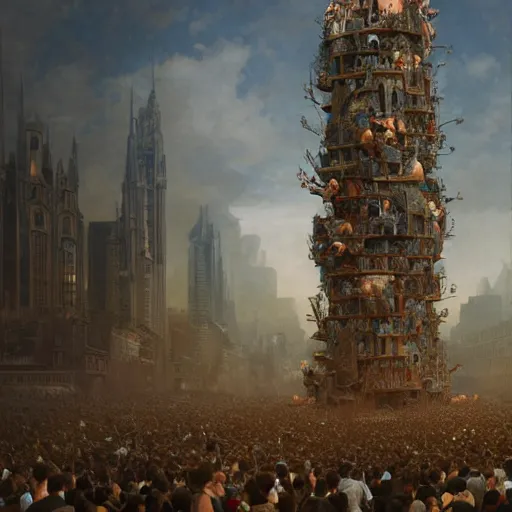 Image similar to hundreds of humans climbing on each other creating incredible surrealistic towers, highly detailed, digital painting, matte, sharp focus, art by wlop, greg rutkowski, alphonse mucha, frank frzetta, boris vallejo, bouguereau, beksinski, cinematic, octane render