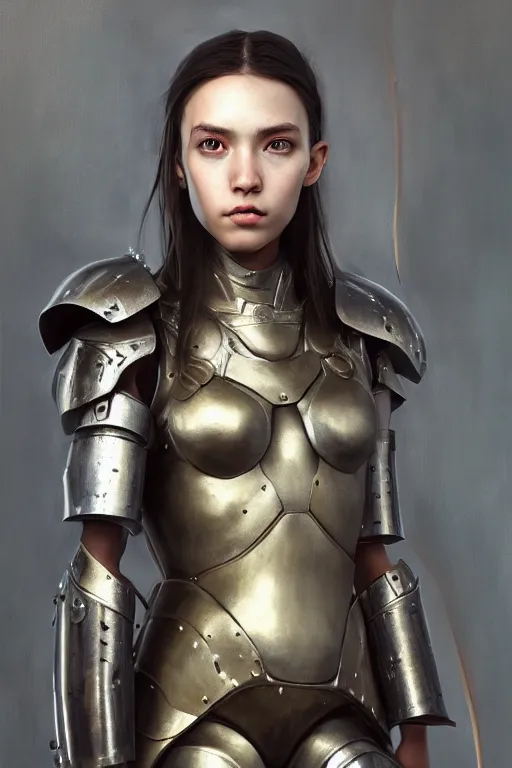 Image similar to a photorealistic painting of an attractive young girl, partially clothed in metal-plated battle armor, olive skin, long dark hair, beautiful bone structure, symmetrical face, perfect eyes, intricate, elegant, digital painting, concept art, illustration, sharp focus, minimal artifacts, from Metal Gear, in the style of Ruan Jia and Mandy Jurgens and Greg Rutkowski, trending on Artstation, award winning