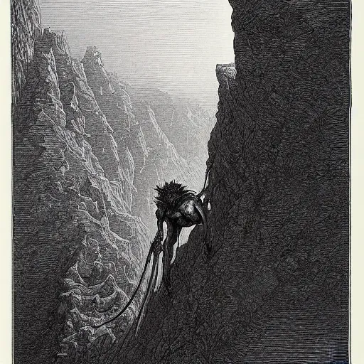 Image similar to a demon crawling up from a canyon, highly detailed, in the style of Gustave Dore