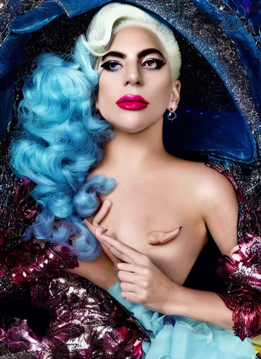 Prompt: lady gaga photoshoot artpop disney princess, magazine, fairytale, Highly realistic. High resolution. Highly detailed. Dramatic. 8k.4k.