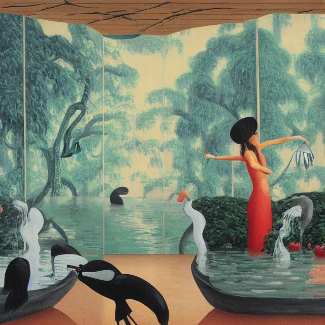 Image similar to painting of flood waters inside an apartment, tall female emo art student, a river flooding indoors, pomegranates, pigs, ikebana, water, river, rapids, waterfall, black swans, canoe, berries dripping, acrylic on canvas, surrealist, by magritte and monet