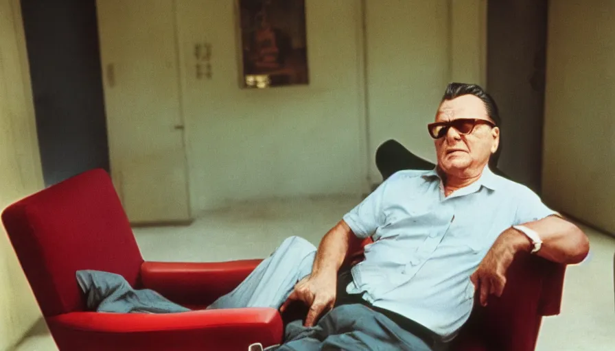 Prompt: 60s movie still medium shot portrait of Josip Broz Tito chilling in a armchair smoking cigarette, cinestill 800t 120mm eastmancolor, cinematic, very detailed, skin texture, high quality