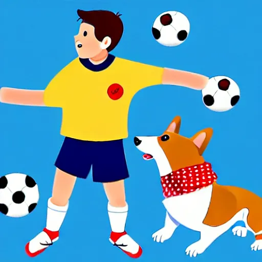 Image similar to illustration of french boy playing football with a corgi wearing a polka dot scarf in paris