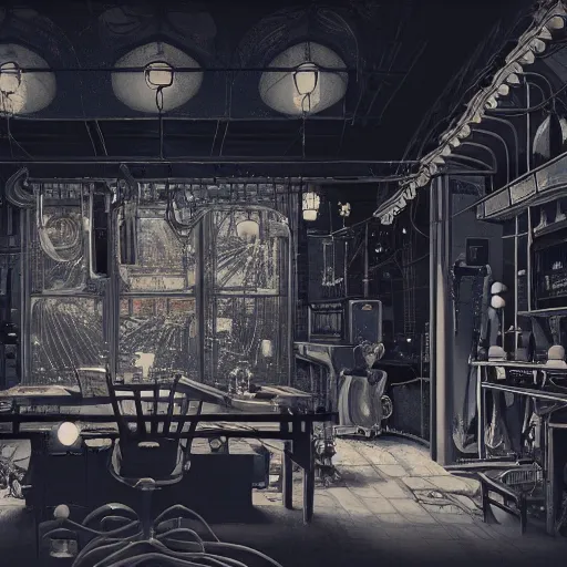 Prompt: detailed render of a japanese repair shop interior room with celestial ephemeral ornaments and hr giger architecture, artstation, greg crewdson, cinematic