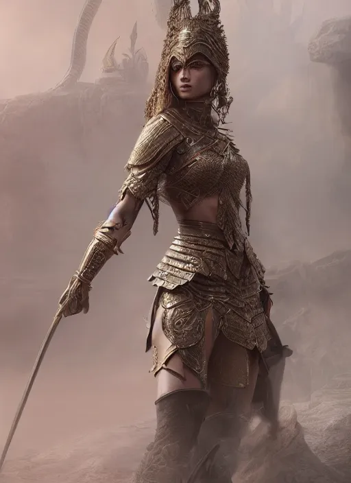 Image similar to detailed full body concept art illustration matte painting of a female warrior princess in full intricate clothing, ultra detailed, digital art, octane render, 4K, dystopian, micro details