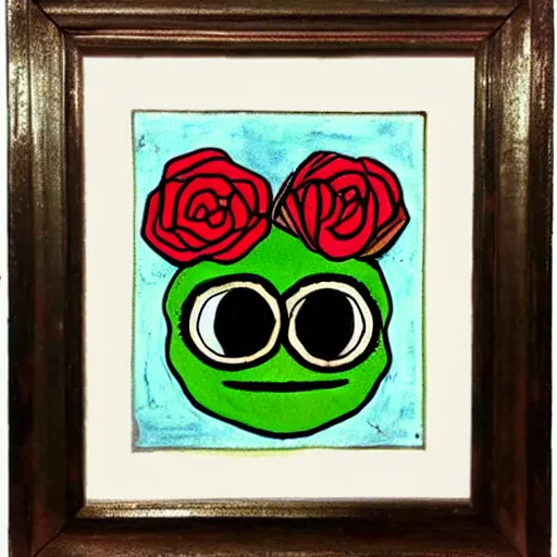 Prompt: pepe the frog by frida kahlo