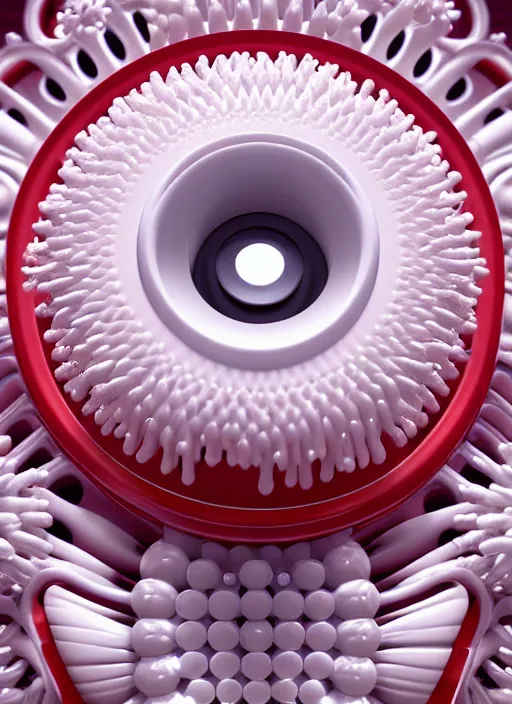 Image similar to perfume bottle standing in the center of a biomechanical white enchanted coral circular portal made of daisies with smooth fair walls, up close shot, sharp focus, global illumination, radiant light, alexandre ferra white mecha, irakli nadar, octane highly render, 4 k, ultra hd,