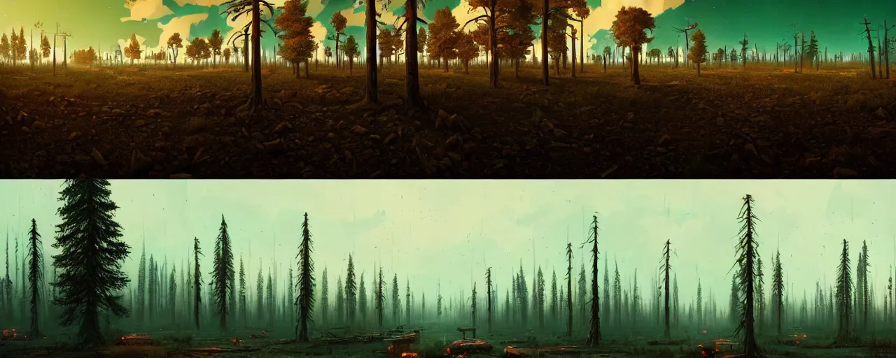 Prompt: a panoramic matte painting, on the left a towering abandoned nuclear plant, in the center a glowing neon orange pool puddle of radioactive sludge, on the right a forest of dead trees and black tree trunks, digital concept art by Simon Stalenhag, Beeple, Jeffrey Smith, Unreal Engine, 8k HDR