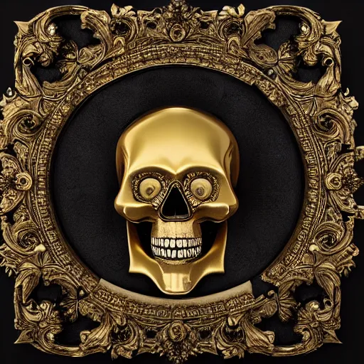 Image similar to 3d golden and black skull engraved with baroque ornaments. trending on artstation. octane render. dark art. gothic art. symmetrical artwork