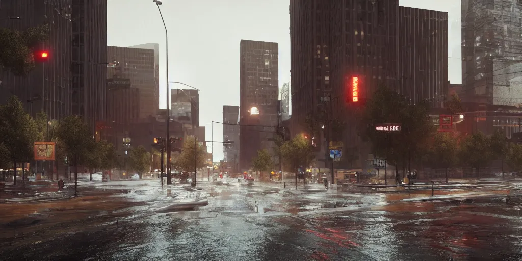 Prompt: egalitarian community of downtown denver with heavy rain, cinematic, ultra - realistic, ultra - detailed, octane render, unreal engine 5, depth of field