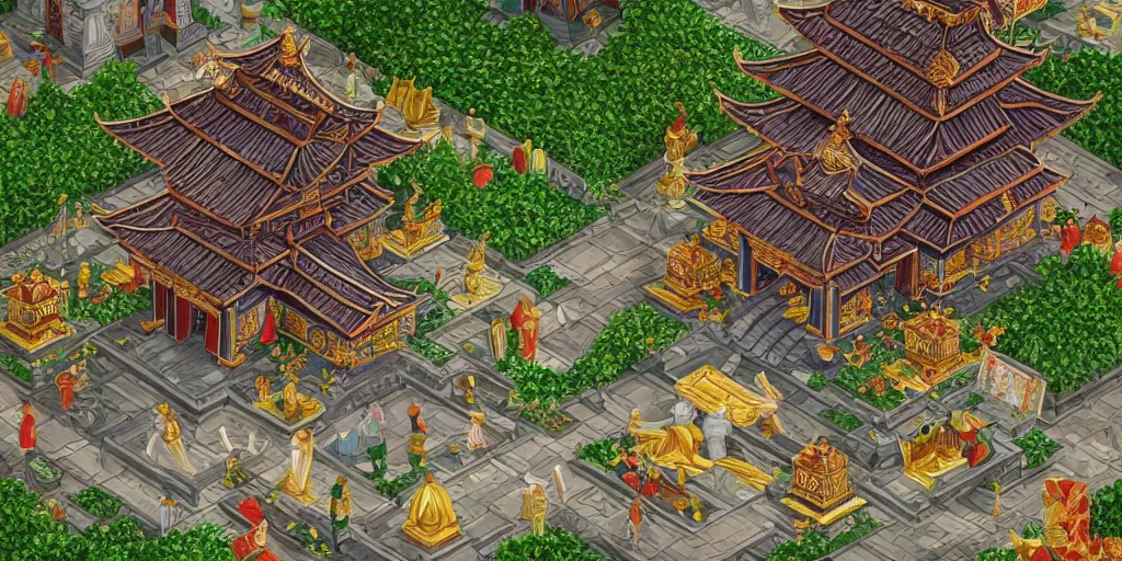 Image similar to vietnamese temple scene, 2 d game art background, sharp, detailed, intricate, game level design, cinematic lighting, trending on artstation, in style of vinodh sivaraja and lam manh, not isometric, not overhead, no people