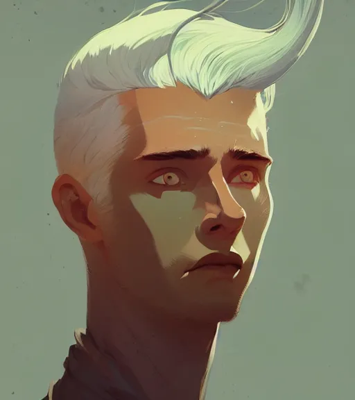 Prompt: portrait of a young man, raised on the island, white hair, face tatooes by atey ghailan, by greg rutkowski, by greg tocchini, by james gilleard, by joe fenton, by kaethe butcher, dynamic lighting, gradient light blue, brown, blonde cream and white color scheme, grunge aesthetic