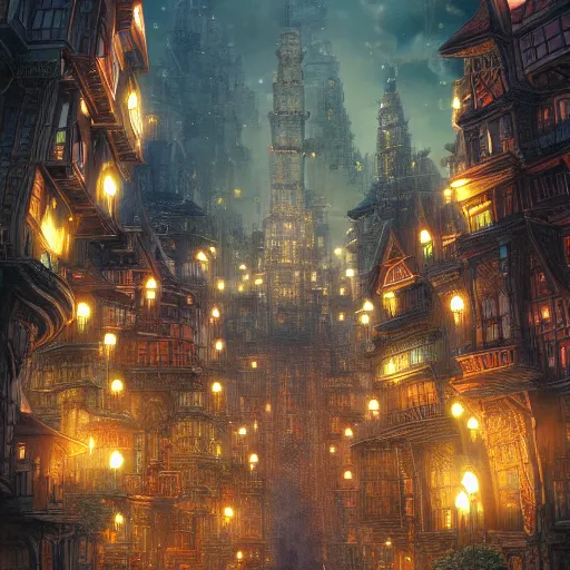 Image similar to a lot of lights, multi layered huge architectures, no people, intricate, Miyazaki Hayao, Ghibli, editor’s pickup, trending on artstation, trending on deviantart, 4K