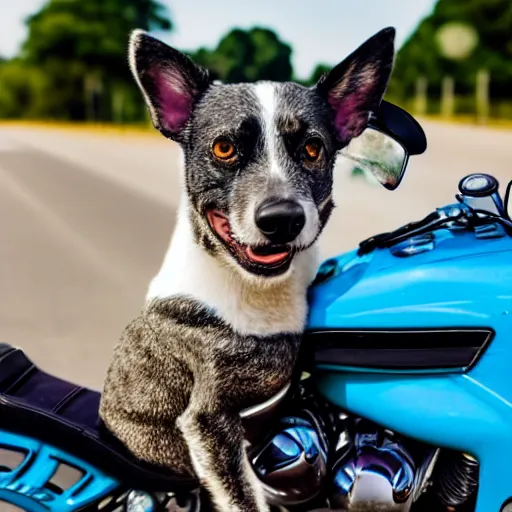 Image similar to blue heeler dog on a motorcycle, 8 k photography, blurred background of a wafflehouse