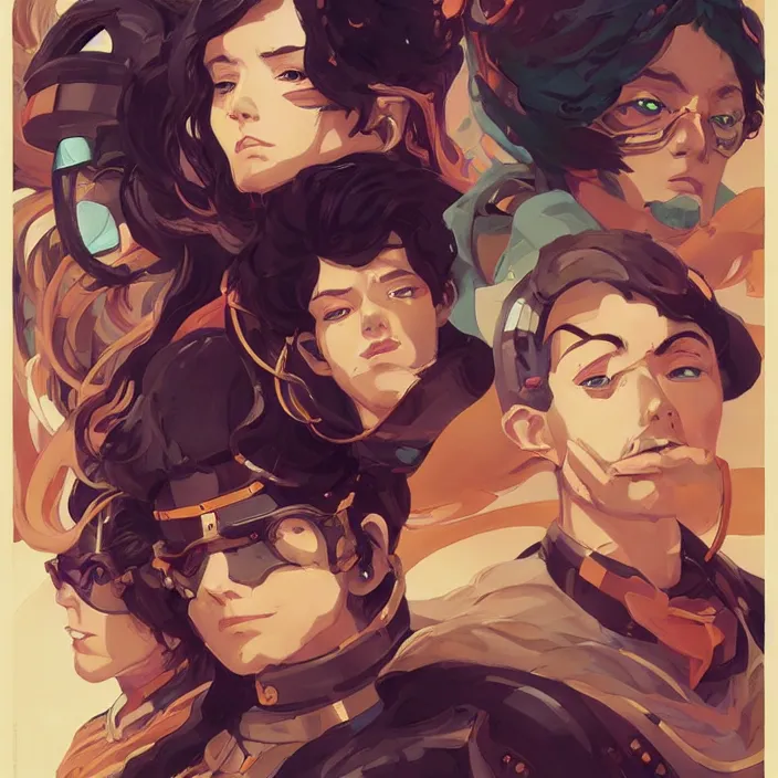 Image similar to anime portrait space pirate captain, futuristic science fiction, mucha, hard shadows and strong rim light, art by jc leyendecker and atey ghailan and sachin teng