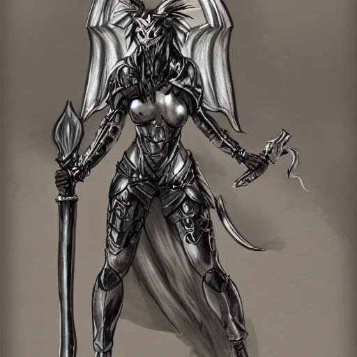 Prompt: a female winged gargoyle woman with a flaming sword, plate armor, fantasy, concept drawing