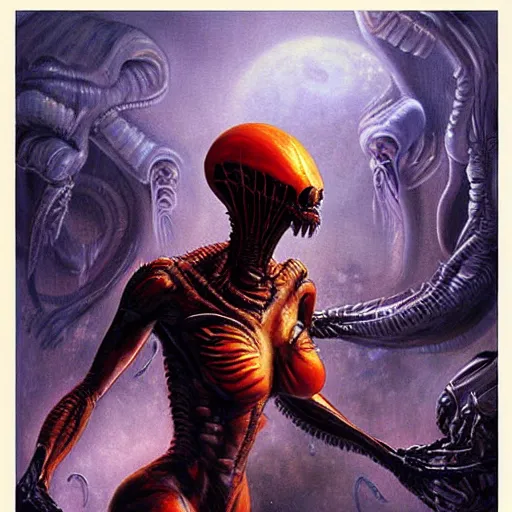 Prompt: realistic portrait beautiful painting of SpiderWoman mutate into a Xenomorph. Horror, created by Thomas Kinkade.