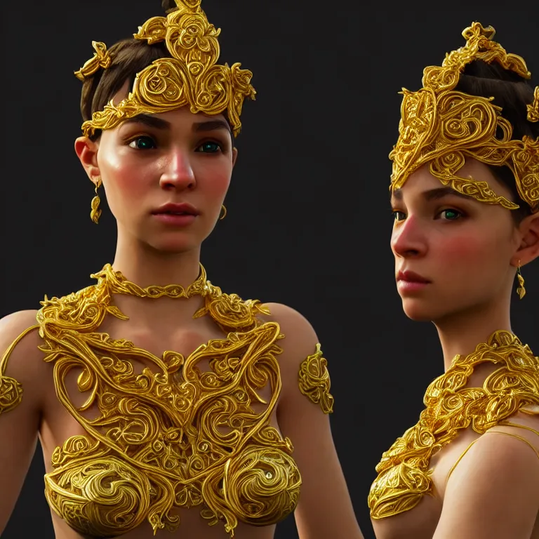 Image similar to princess of vines with a clear skin, ornate 8 k gorgeous intricate gold detailed unreal engine rendered