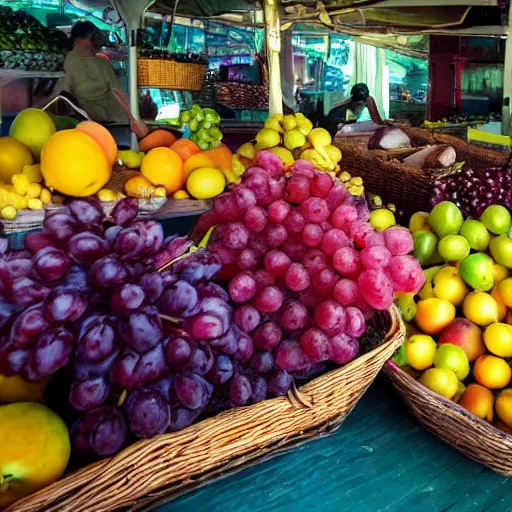 Prompt: Basket full of mangoes, grapes, apples, passion fruit, peaches, cherimoyas, and lucumas. Fruit market in the background, god rays pass through the window, high quality photography, 4k