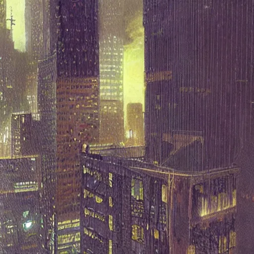 Image similar to “ a girl on a ledge overlooking futuristic new york city, ghostpunk, heavy rain, high detail, by moebius ”