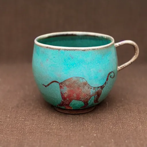 Prompt: raku elephant tea cup, horse hair, raku metallic, turquoise