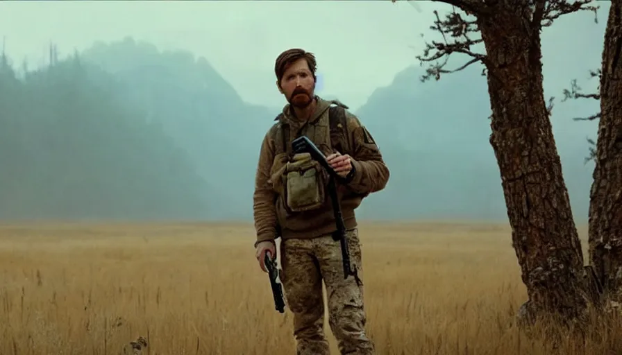 Image similar to lone survivor man holding a walkie!! in post - apocalyptic nature landscape. movie screenshot. lush composition by wes anderson, shallow depth of field, cinematic. cinematic composition