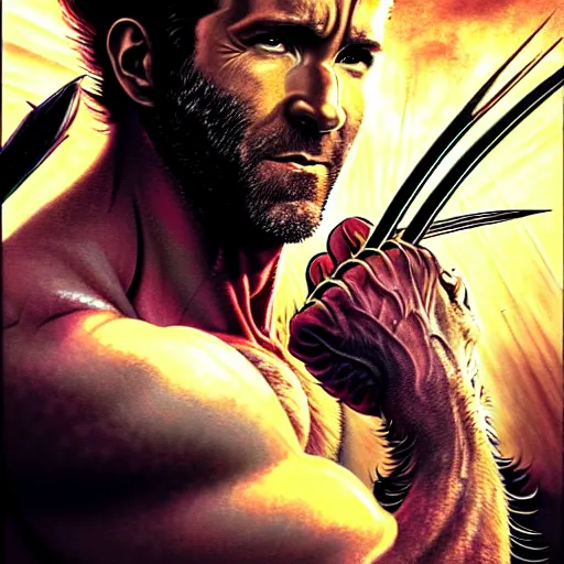 Image similar to uhd photorealistic portrait of ryan reynolds as wolverine, by amano, ayami kojima, greg rutkowski, lisa frank, mark brooks, and karol bak, masterpiece, cinematic composition, dramatic pose, studio lighting, hyperdetailed, intricate details