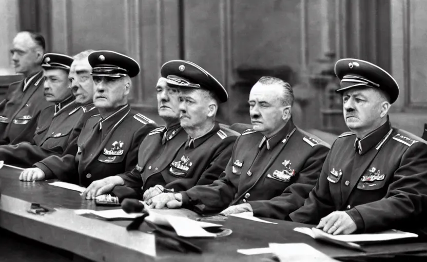 Image similar to 50s movie still of very diverse soviet generals officers marshal and politics head with very detailed faces in a stalinist parlement, by Alexei Guerman, Cinestill 800t 35mm black and white, heavy grainy picture, very detailed, high quality, 4k, HD criterion, precise texture, diverse faces, diverse haircuts, diverse ages, precise faces