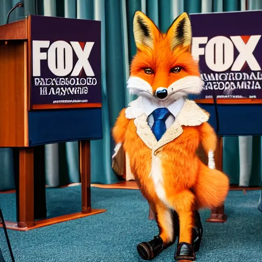 Image similar to a fox animal dressed in a suit giving a presidential press conference, 8 5 mm f / 1. 4