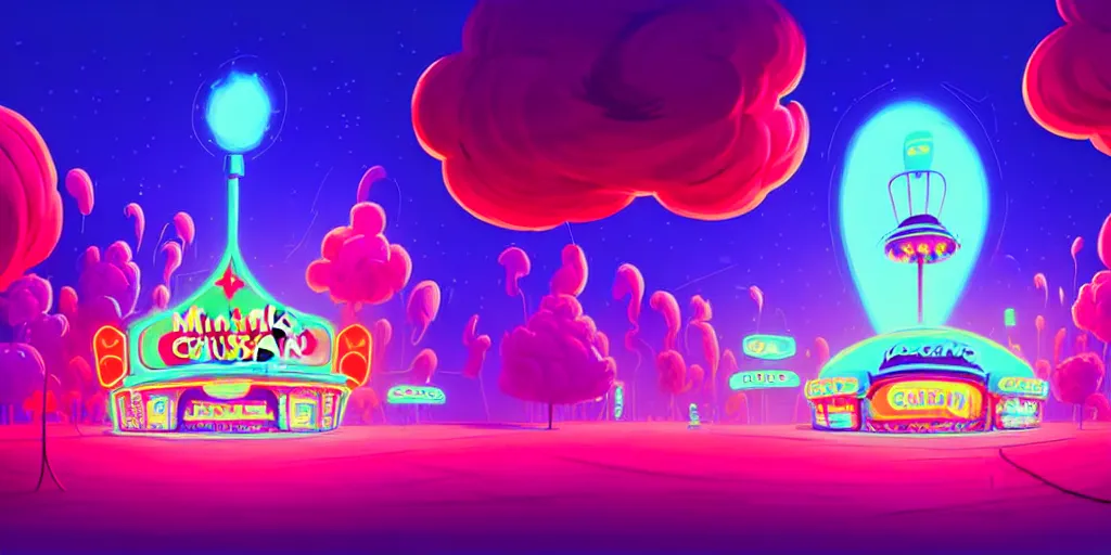 Prompt: minimalistic extreme wide angle curved perspective digital art of chubby cotton candy indoor casino with a stage by anton fadeev from nightmare before christmas