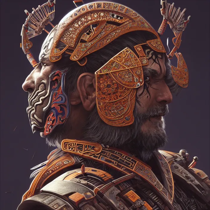 Image similar to symmetry! portrait of a hybrid old male warrior, face decorated with chinese opera motifs, leds horizon zero dawn machine, intricate, elegant, highly detailed, digital painting, artstation, concept art, smooth, sharp focus, illustration, art by artgerm and greg rutkowski and alphonse mucha, 8 k