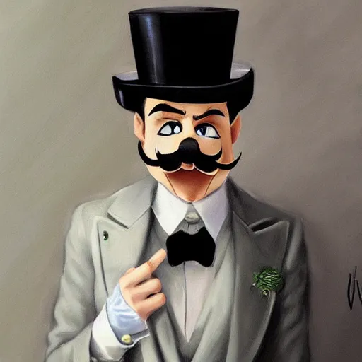 Prompt: dapper fancy luigi wearing a top hat, smirking deviously, painted by wlop