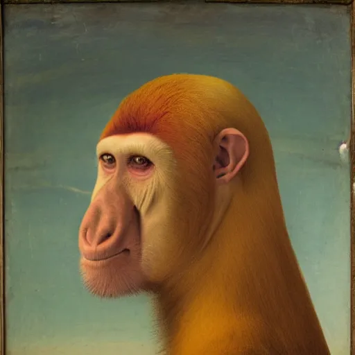Prompt: Portrait of a Proboscis monkey, wearing a white wig, renaissance painting